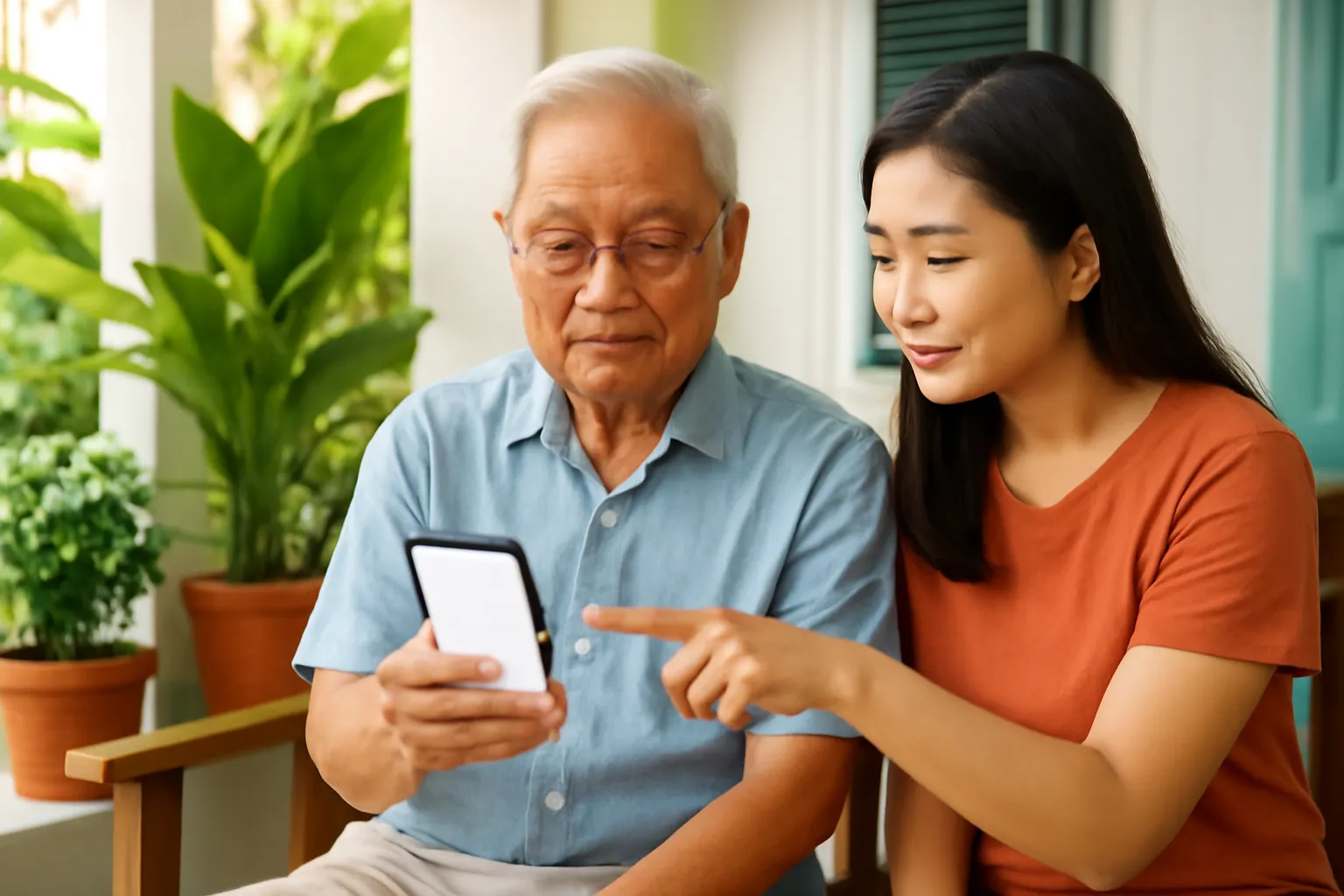 Người cha già và con gái ngồi hiên nhà cùng cúi nhìn điện thoại