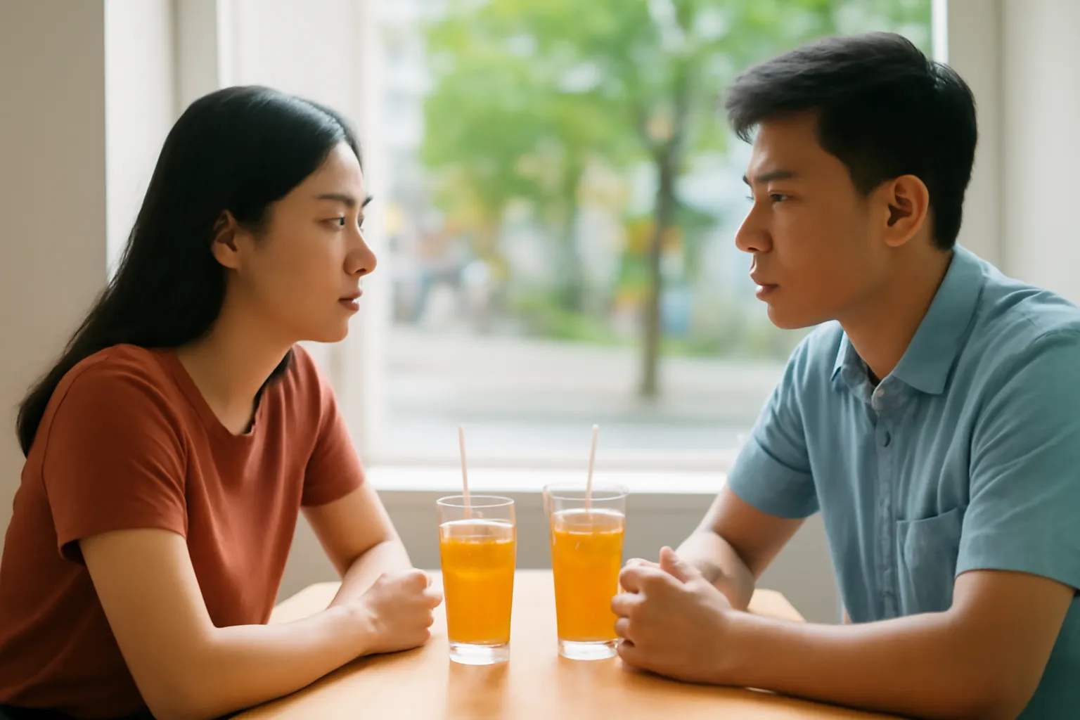 Đôi bạn trẻ ngồi đối diện bên bàn quán cà phê cạnh cửa sổ, trò chuyện nghiêm túc