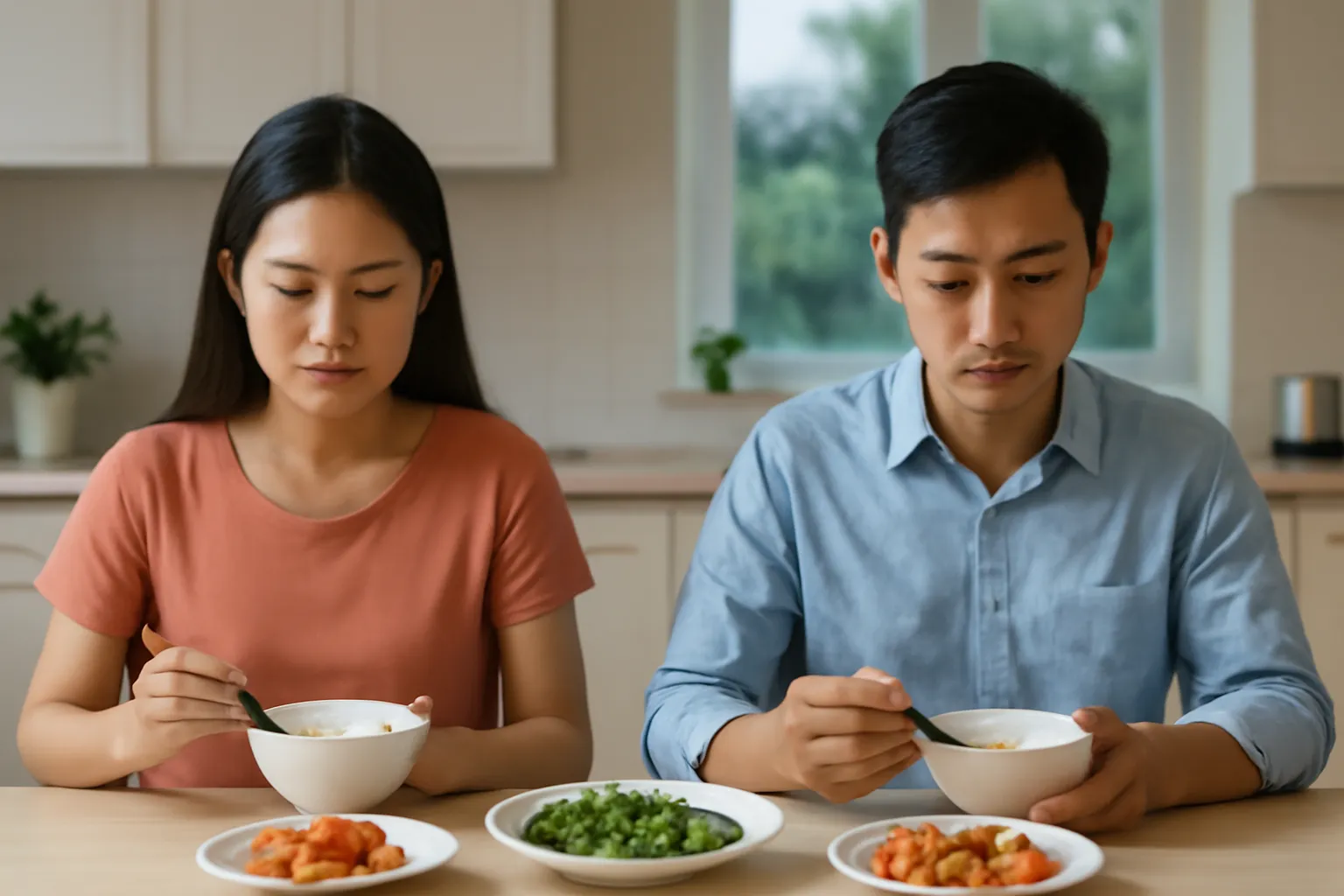 Đôi vợ chồng ngồi ăn cơm tối, cả hai cúi mặt im lặng bên mâm cơm
