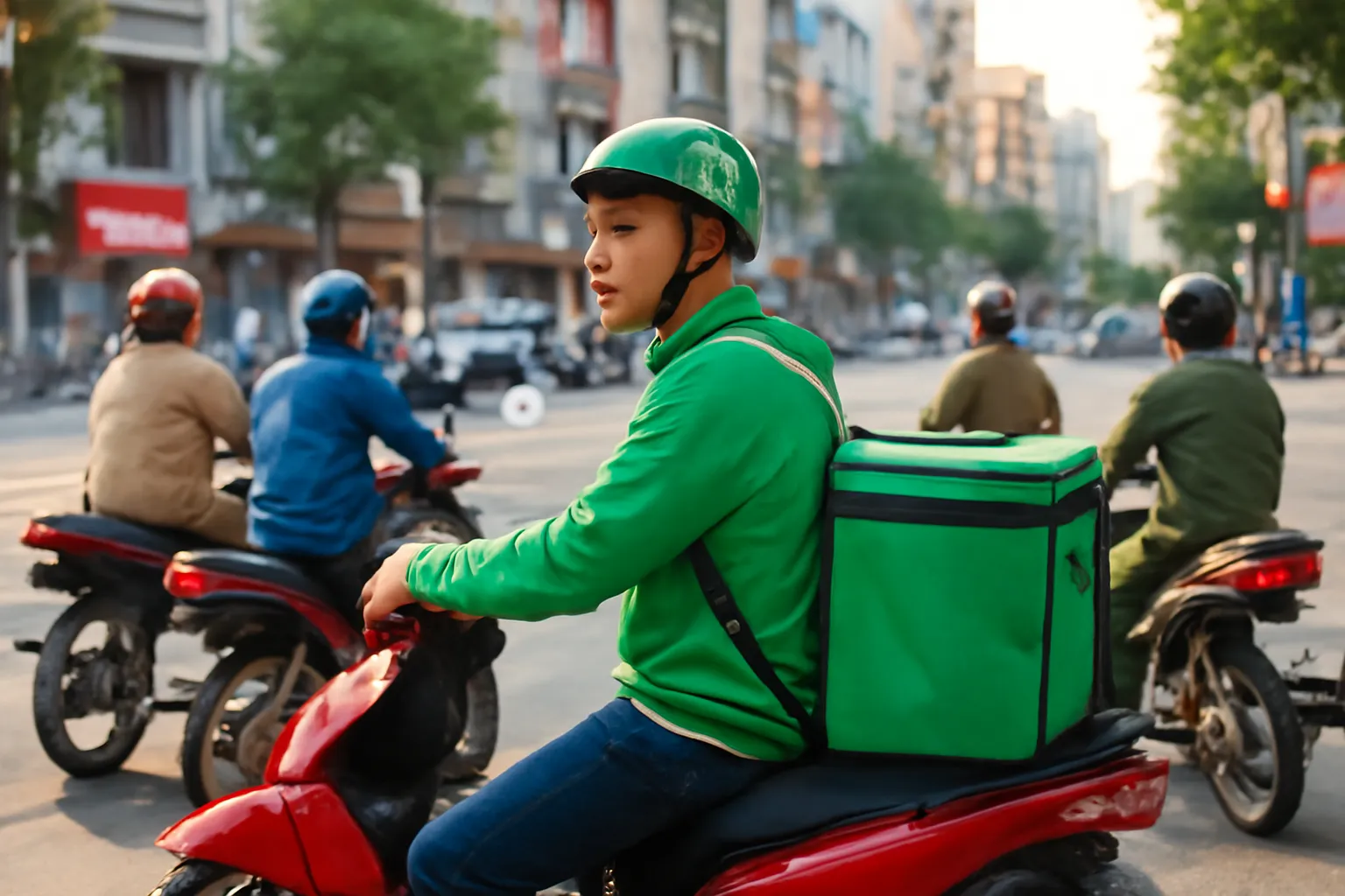 Người giao hàng dừng xe máy ở ngã tư đông đúc, vai thả lỏng, chờ đèn
