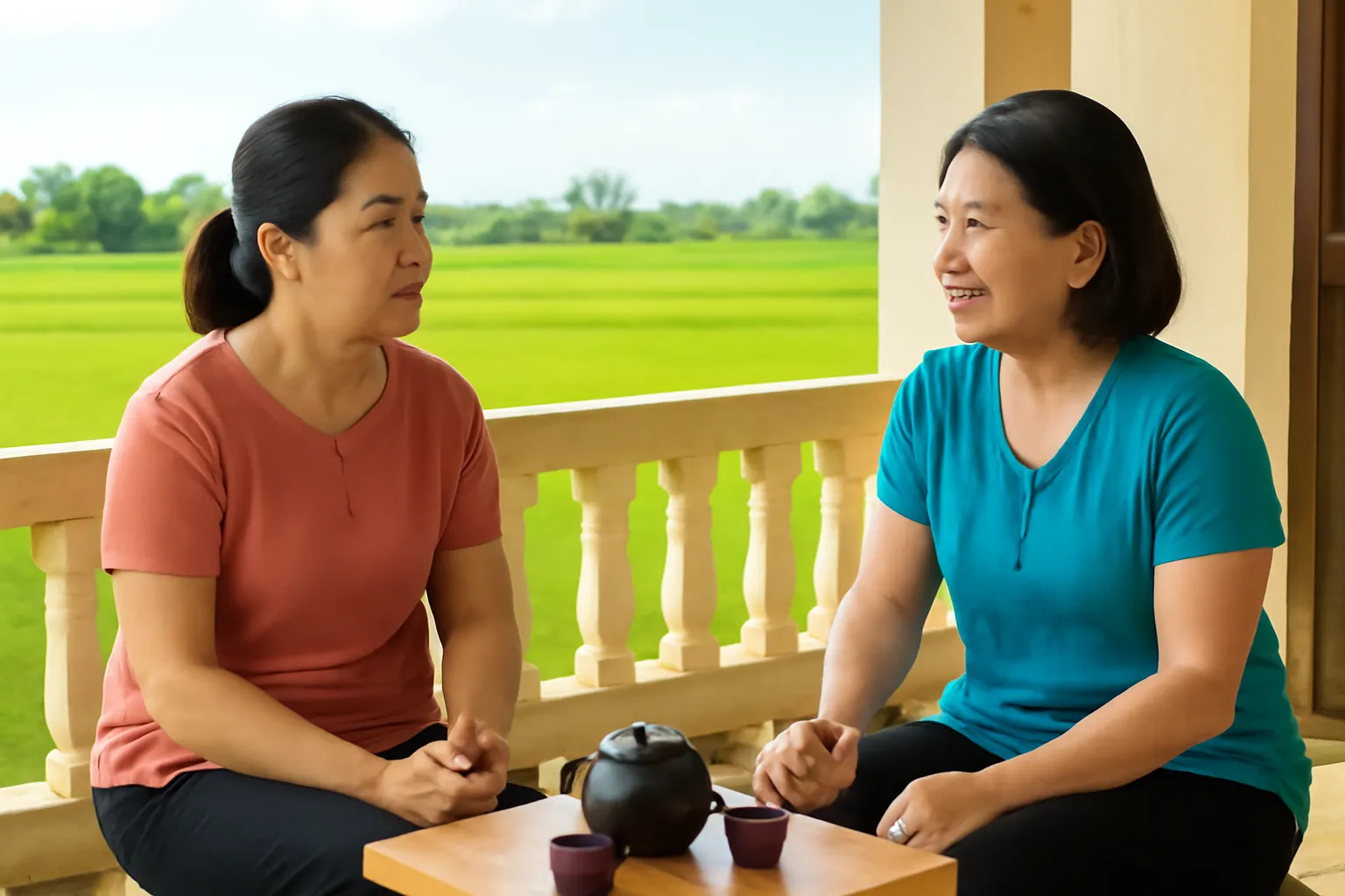 Hai chị em ngồi nói chuyện nghiêm túc bên hiên nhà ở quê, ấm trà giữa hai người