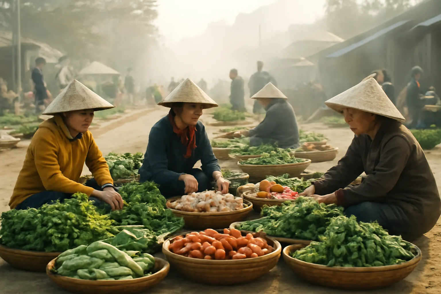 Phiên chợ quê buổi sớm với những gánh rau, thúng trứng và người bán ngồi dưới nón lá
