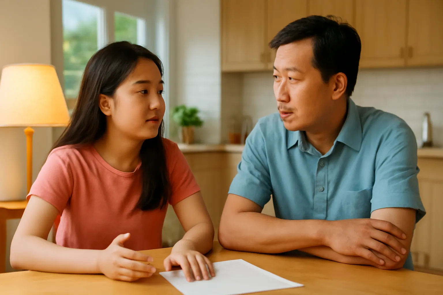 Cô học sinh và bố ngồi bàn bếp buổi tối, giấy tờ úp trên bàn