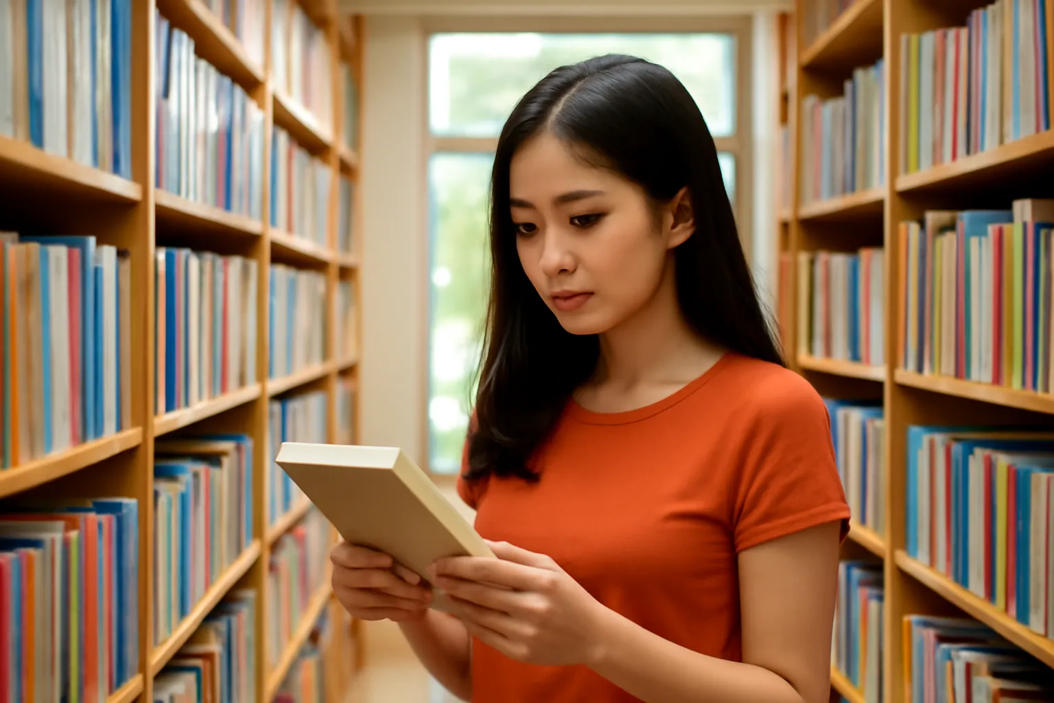 Người phụ nữ đứng giữa hai dãy kệ trong hiệu sách, gáy sách mờ
