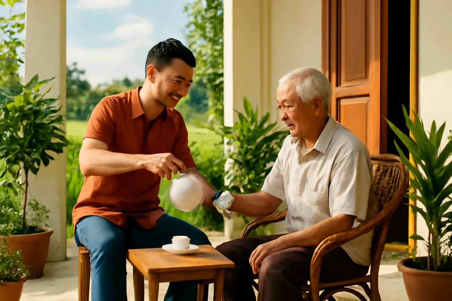 Người con trai rót trà mời cha già ngồi ở hiên nhà buổi chiều