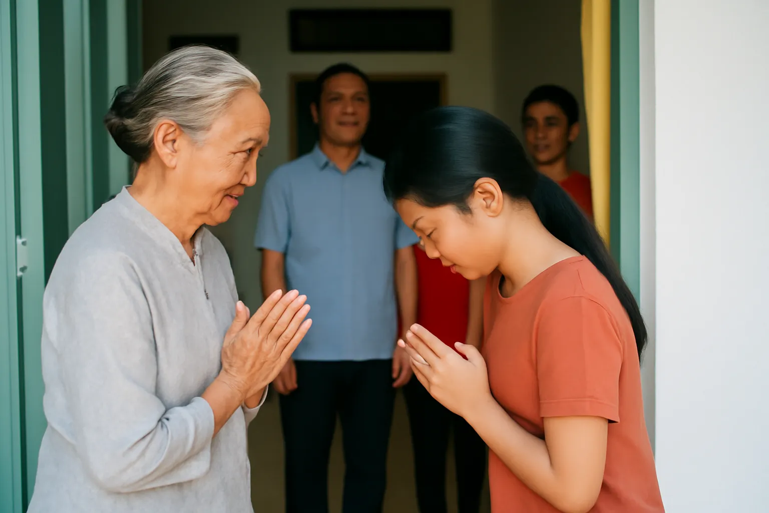 Bé gái khoanh tay chào bà nội ở cửa nhà trong ngày giỗ