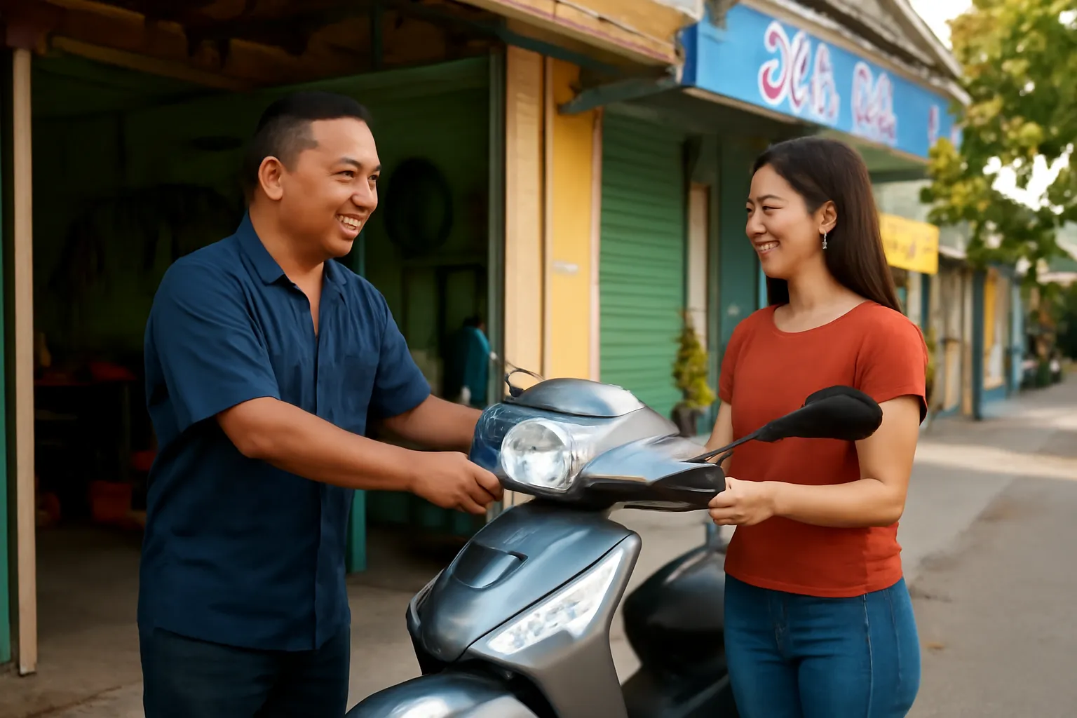 Người thợ sửa xe trao lại chiếc xe máy cho khách trước cửa tiệm
