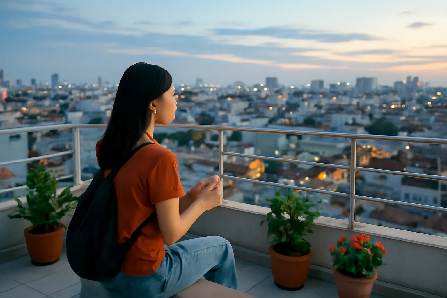 Cô gái trẻ ngồi trên sân thượng lúc hoàng hôn với tách trà
