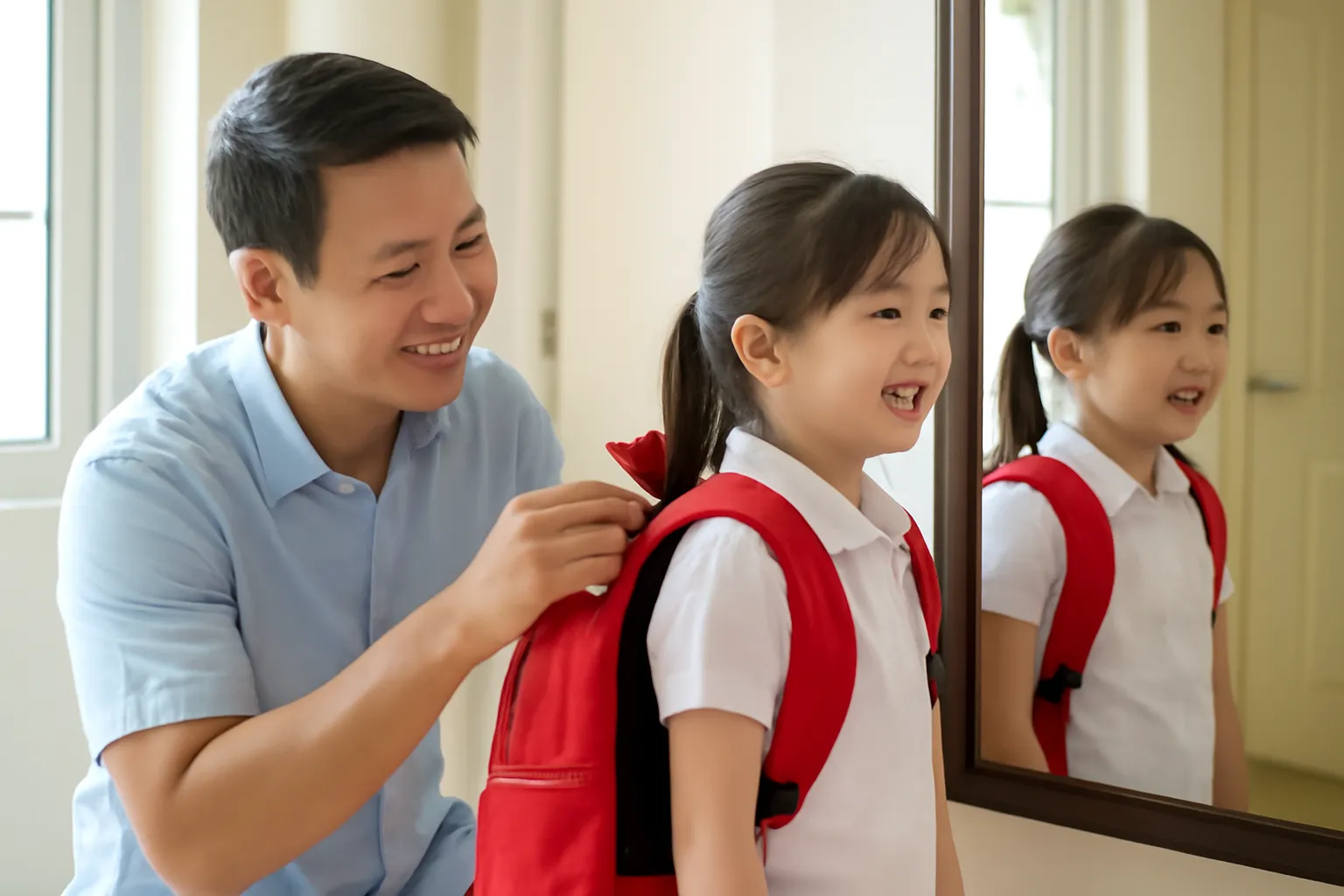 Người bố giúp con gái nhỏ đeo thử chiếc cặp sách mới trước gương