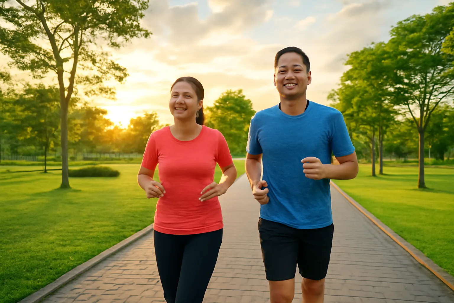 Đôi vợ chồng trẻ chạy bộ cạnh nhau trên đường công viên lúc bình minh