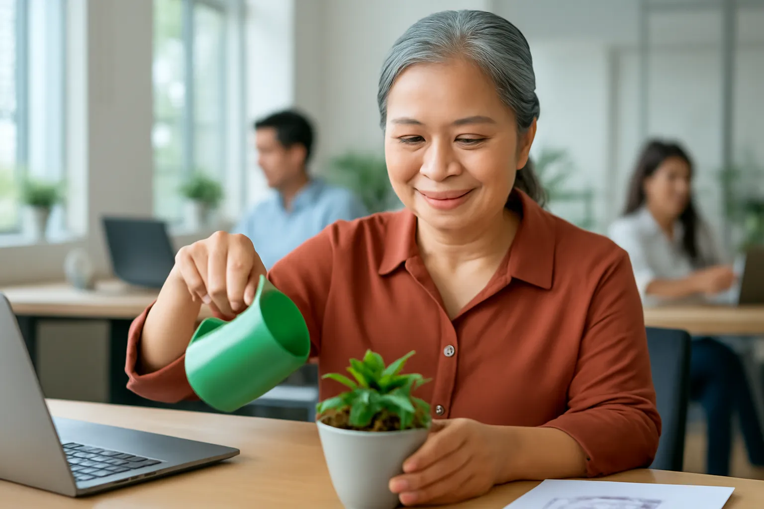 Chị nhân viên văn phòng tóc hoa râm đang tưới chậu cây nhỏ trên bàn làm việc