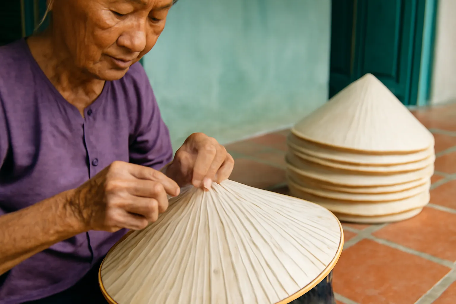 Cụ bà khâu những lớp lá lên khung nón trên hiên nhà, bên cạnh chồng nón đã xong