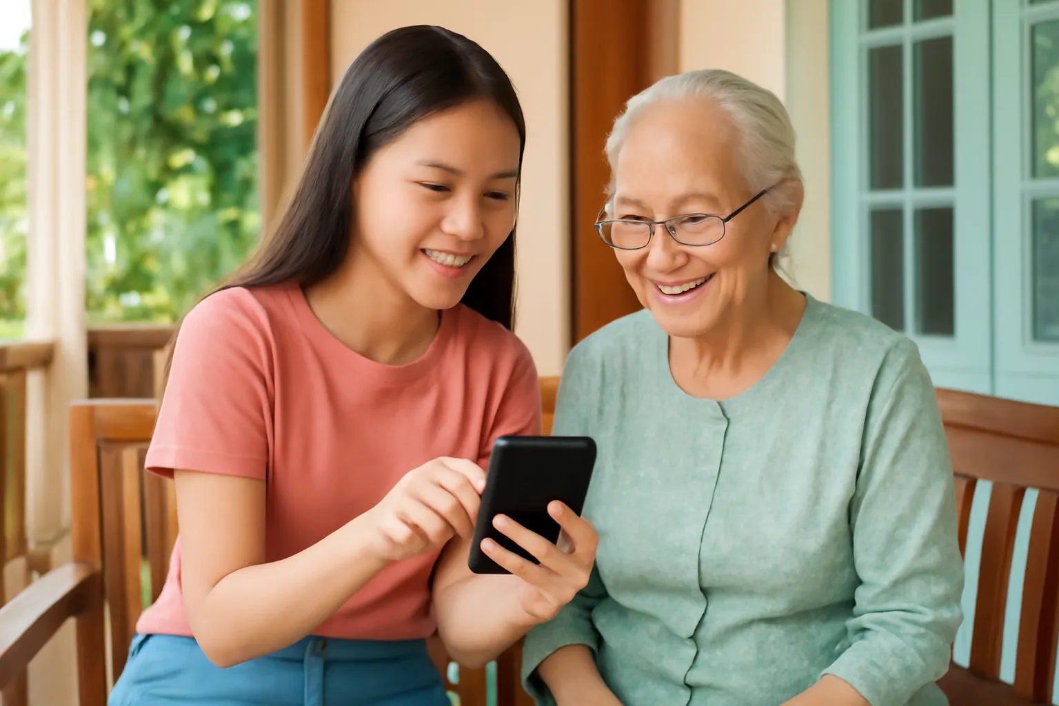 Cô cháu gái ngồi cạnh bà ngoại chỉ cho bà cách dùng điện thoại