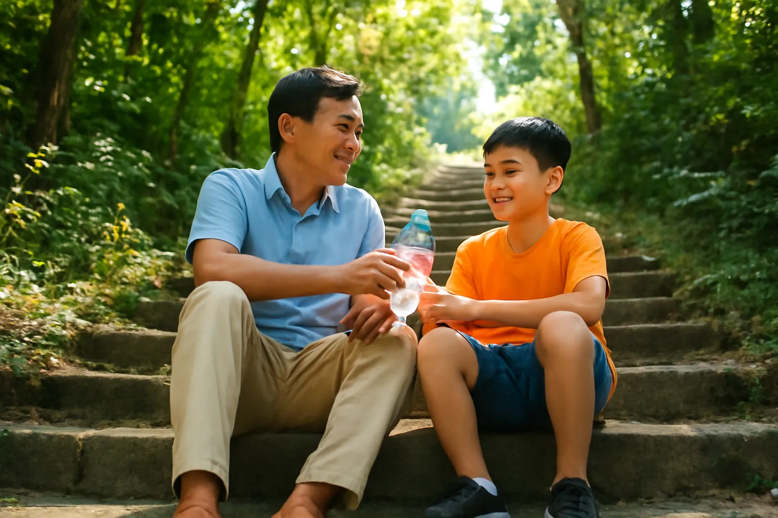 Hai bố con ngồi nghỉ trên bậc đá giữa con đường rừng lên núi
