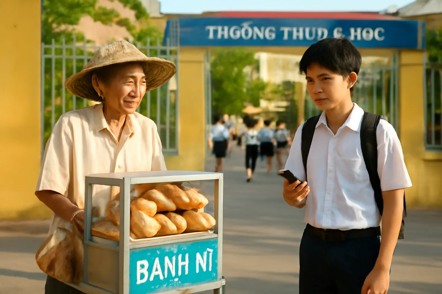 Xe bánh mì đẩy trước cổng trường giờ tan học