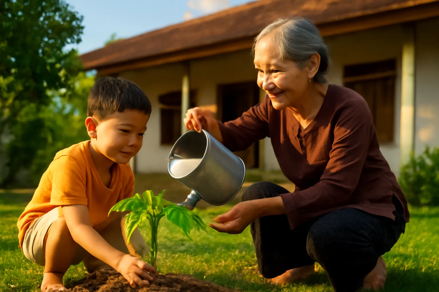 Bà cụ và đứa cháu nhỏ cùng tưới cây xoài non trước sân nhà quê buổi chiều