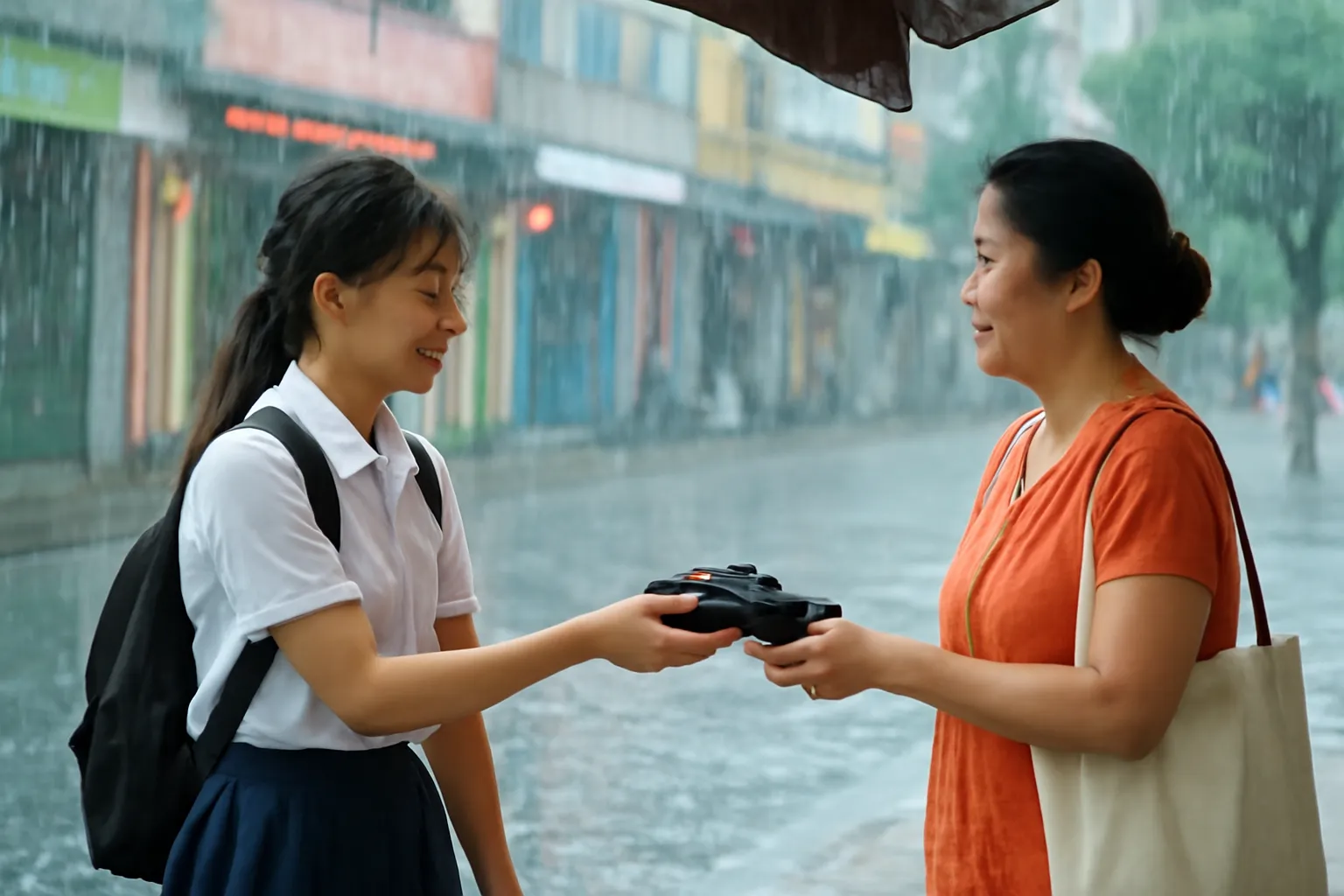 Hai người phụ nữ trú mưa dưới mái hiên, một người đưa chiếc ô cho người kia