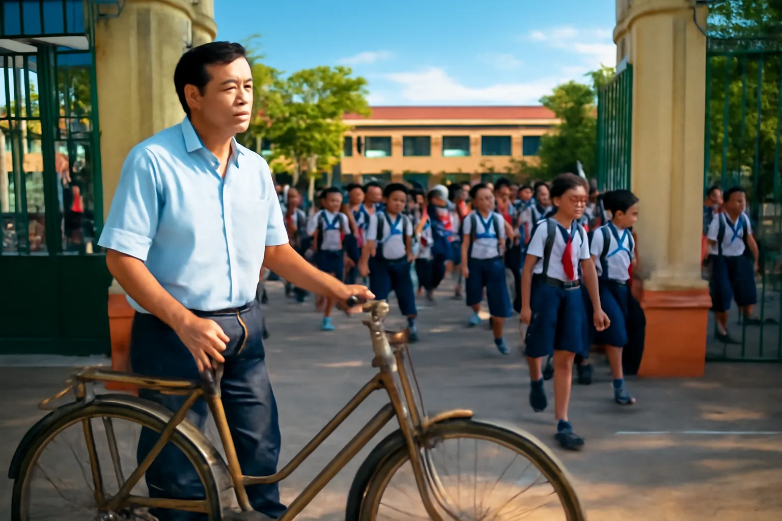 Người bố trung niên dắt chiếc xe đạp cũ đứng chờ trước cổng trường lúc tan học