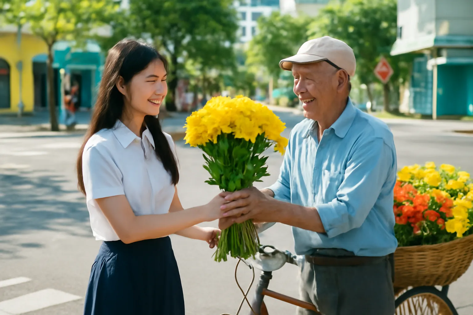 Cô bé tuổi mới lớn trao bó cúc vàng cho ông khách lớn tuổi bên xe hoa đầu phố