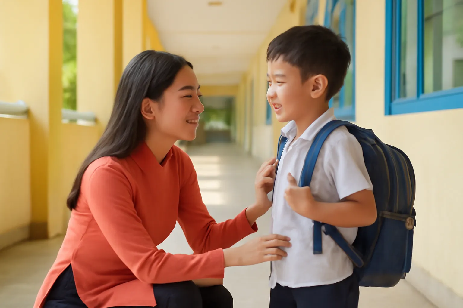Cô giáo trẻ ngồi xổm trò chuyện với cậu học trò nhỏ ở hành lang trường tiểu học