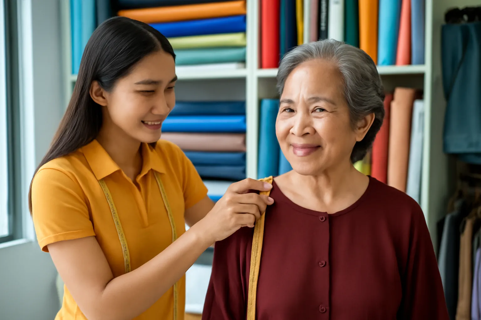 Cô thợ may trẻ đo vai cho một bà cụ trong tiệm may nhỏ