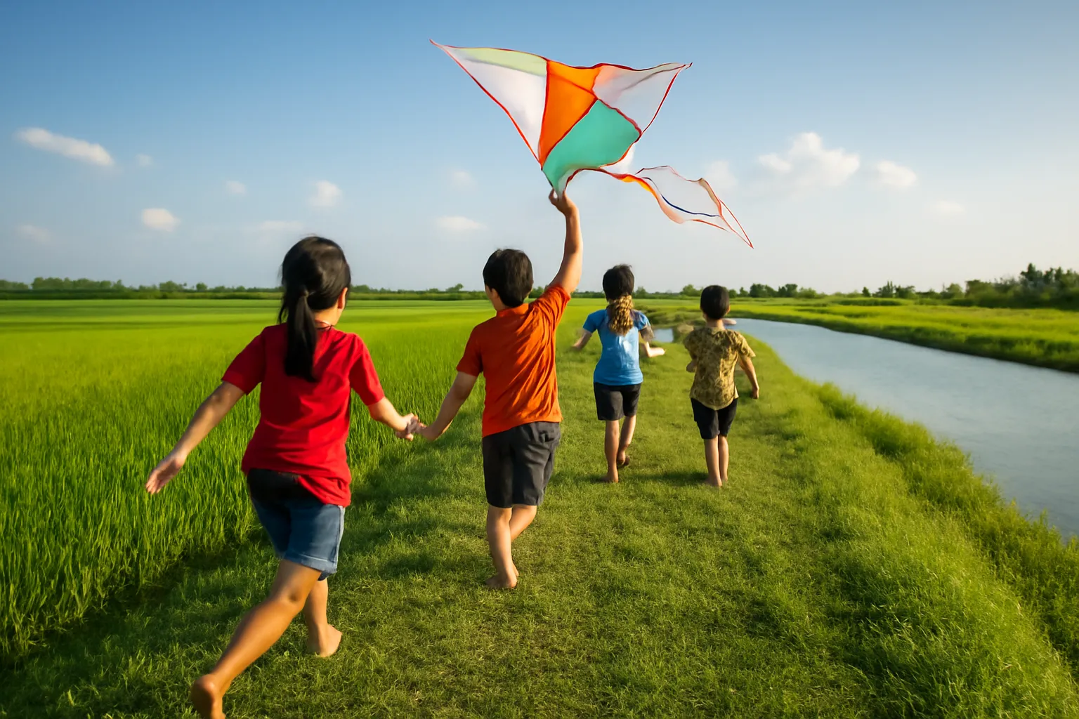 Bọn trẻ chạy thả diều trên con đê quê lúc chiều gió