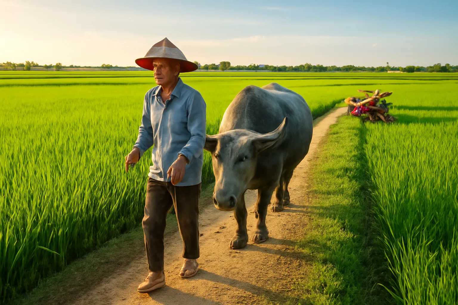 Ông nông dân dắt con trâu già ra bờ ruộng buổi chiều