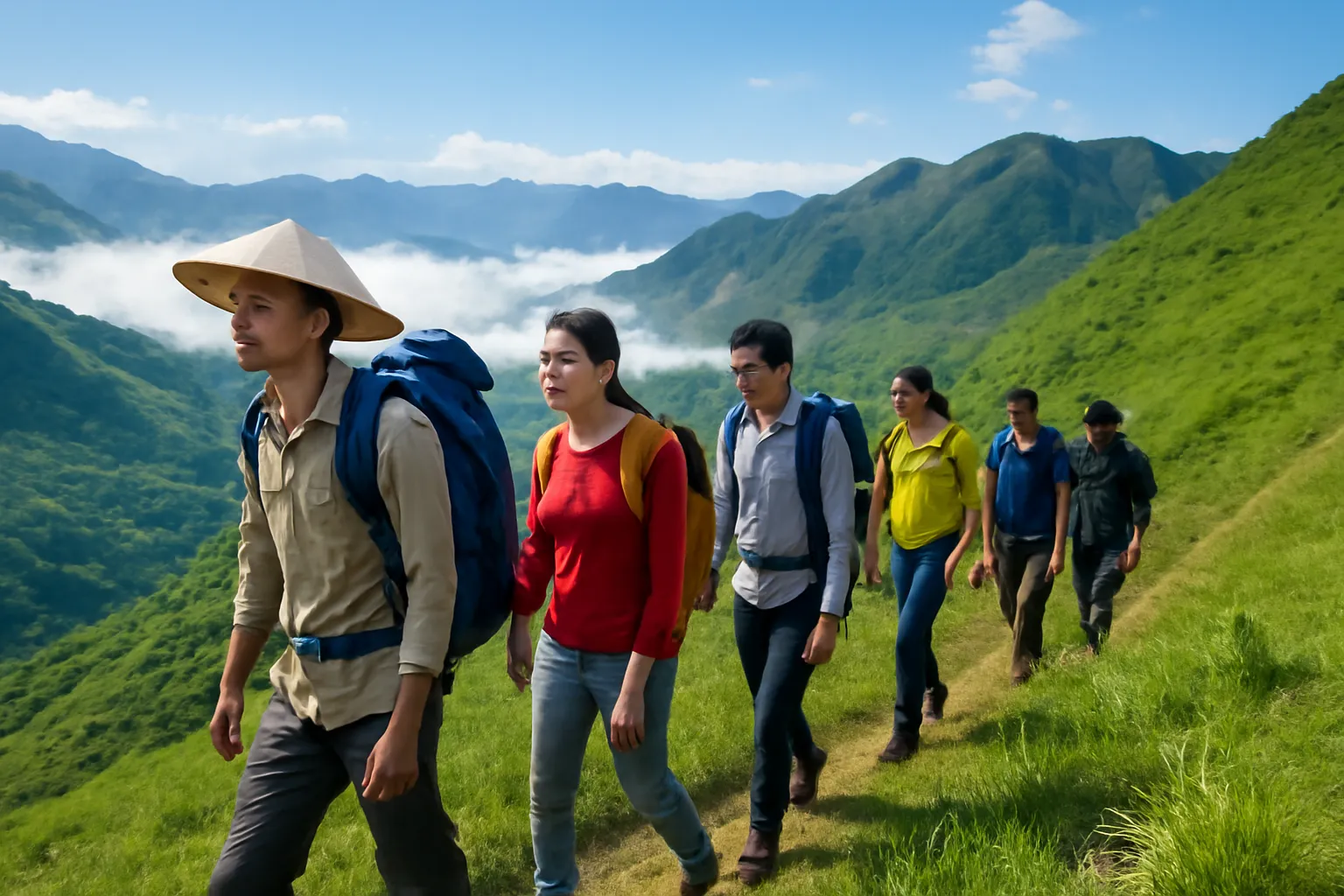 Đoàn người leo núi đi hàng một trên sống núi phủ cỏ