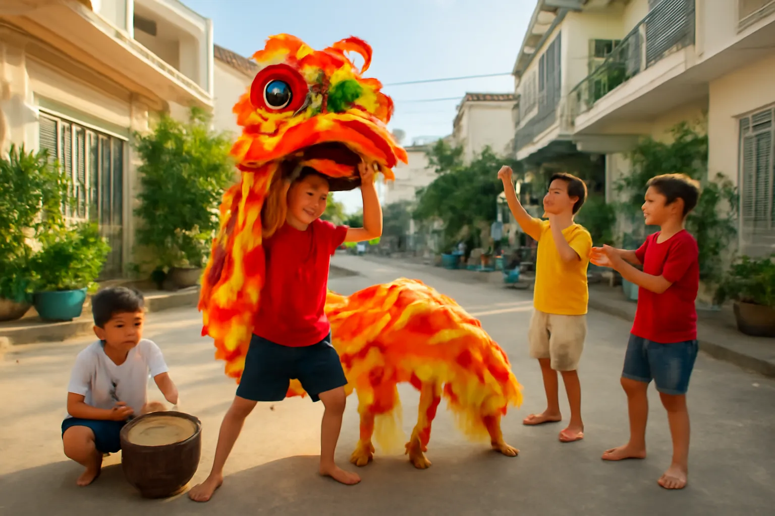 Bọn trẻ tập múa lân trong sân xóm vào buổi chiều