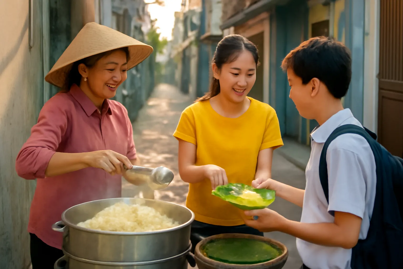 Người mẹ bán xôi gói xôi lá chuối cho khách ở đầu hẻm lúc sáng sớm