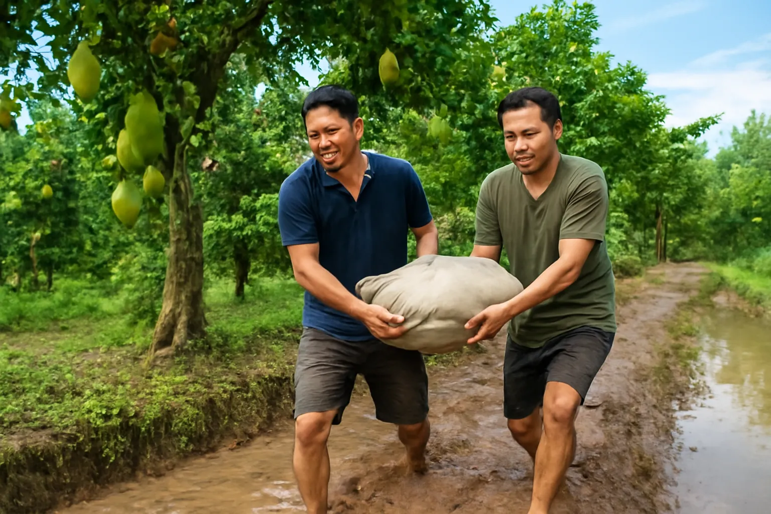 Hai anh em trung niên cùng khiêng bao cát dọc bờ vườn lầy lội sau cơn mưa lớn