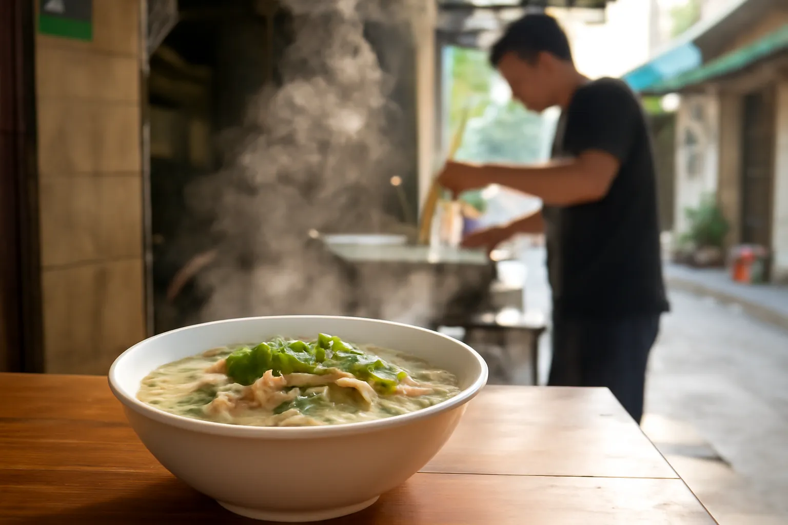 Bát phở bốc khói trên bàn gỗ quán nhỏ đầu ngõ buổi sớm, người bán đang chần bánh