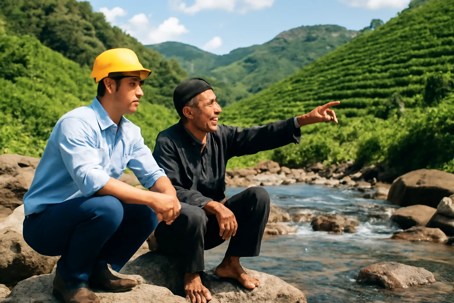 Kỹ sư trẻ và cụ già ngồi bên bờ suối nhìn dòng nước chảy