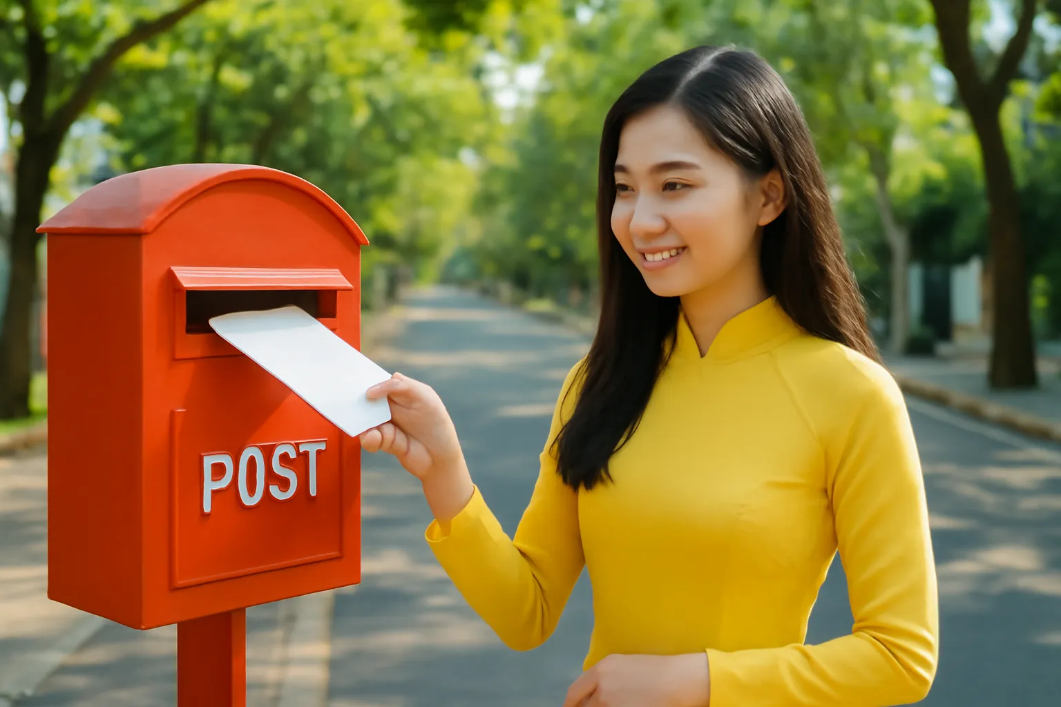 Cô gái trẻ thả phong thư dán kín vào hòm thư bên con phố yên tĩnh buổi sáng