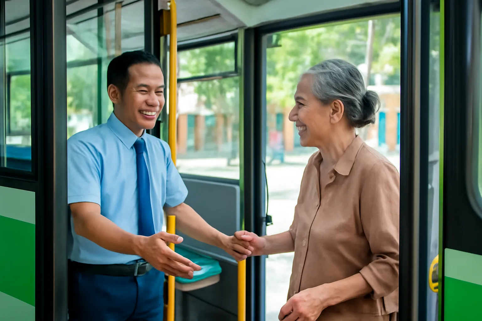 Bác tài xe buýt tươi cười chào cụ bà đang bước lên xe ở trạm buổi sáng