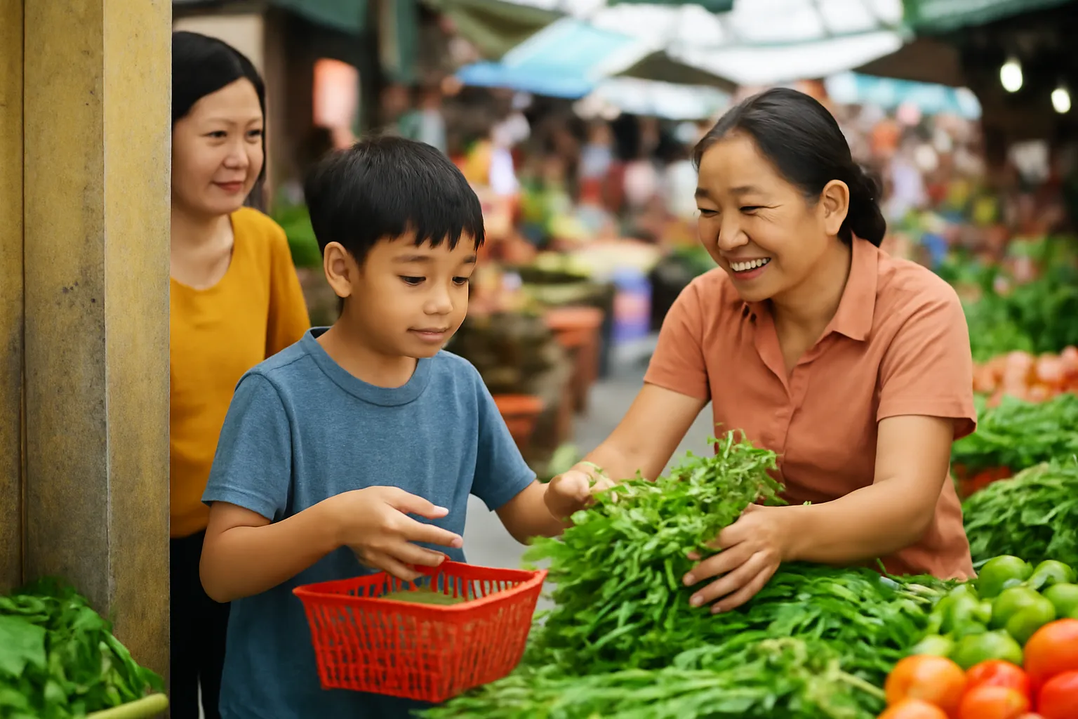 Cậu bé xách giỏ chọn rau ở một sạp chợ buổi sáng