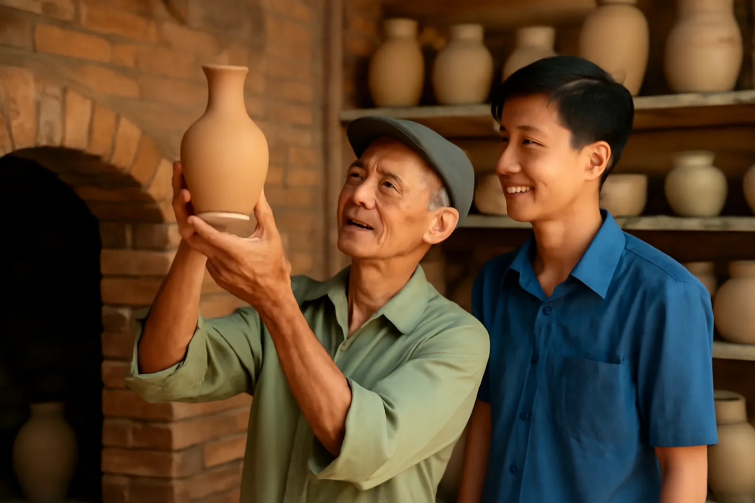Người thợ gốm già nâng chiếc bình mộc bên cạnh lò nung