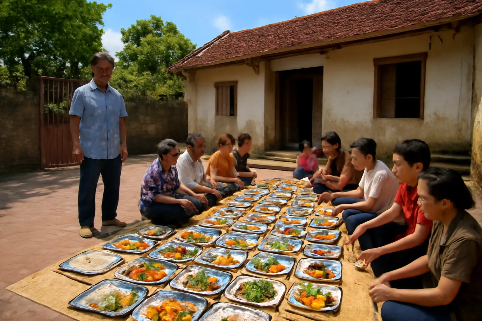 Những mâm cỗ bày trên chiếu ngoài sân nhà ở làng quê