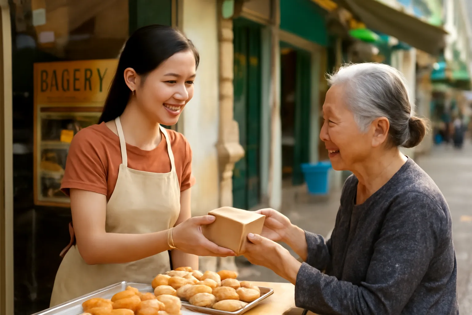 Cô gái trẻ đưa hộp bánh cho bà cụ ở sạp bánh nhỏ đầu chợ