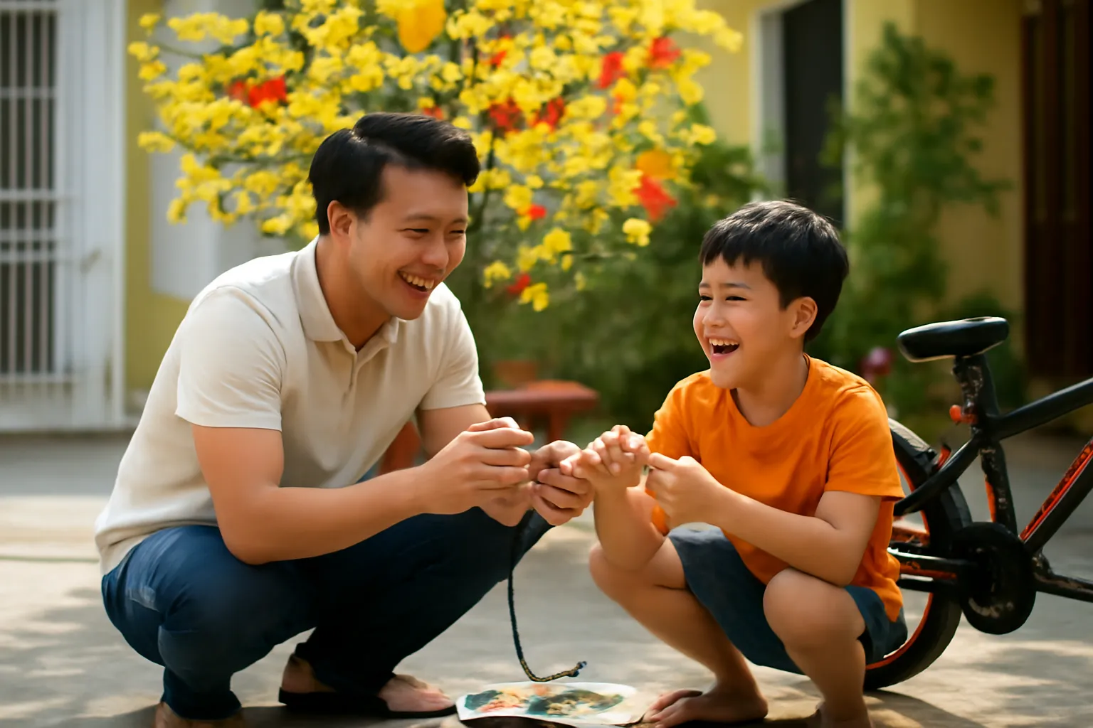 Hai bố con cùng sửa chiếc xe đạp ở sân nhà ngày Tết