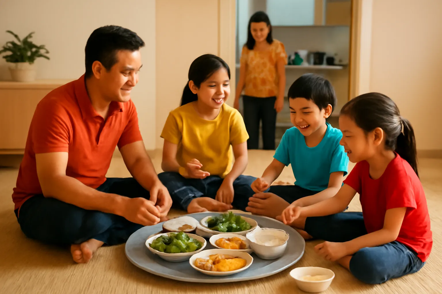 Gia đình ngồi quanh mâm cơm, một chỗ ngồi còn để trống chờ người mẹ