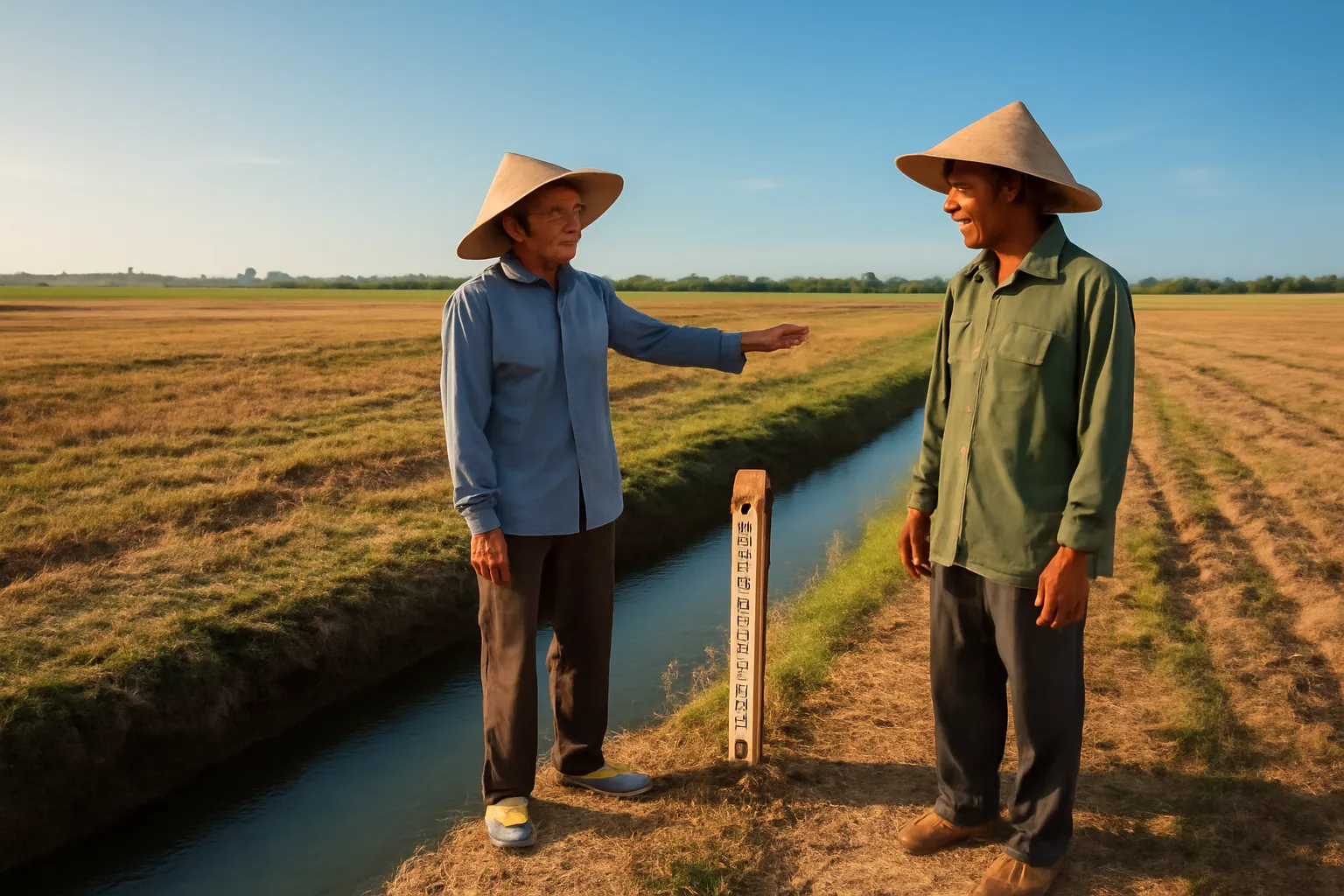 Hai người nông dân đứng bên bờ kênh nói chuyện cạnh cánh đồng