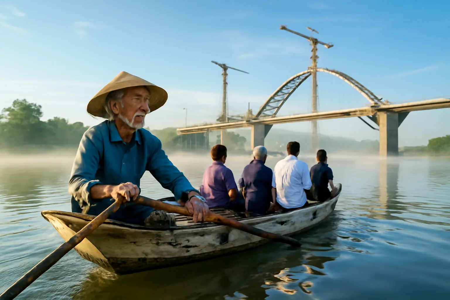 Ông lão chèo chiếc đò gỗ nhỏ qua dòng sông buổi sớm, phía xa là cây cầu đang xây