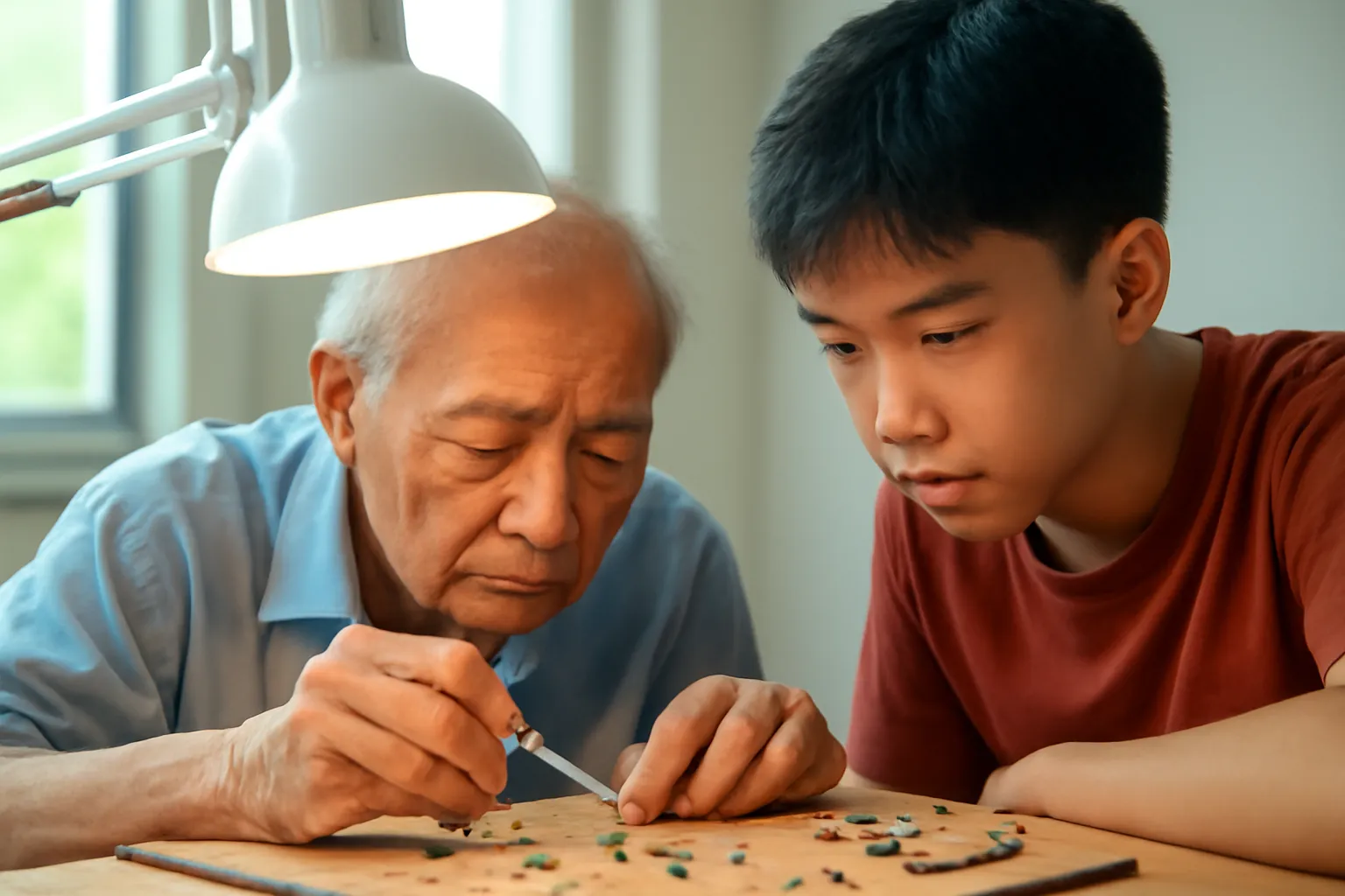 Ông thợ già và cậu học việc cúi bên bàn sửa đồng hồ nhỏ đầy linh kiện, đèn bàn sáng
