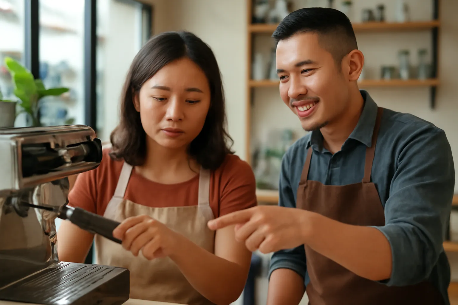 Người phụ nữ ngoài ba mươi học pha chế cà phê trong quán nhỏ, người hướng dẫn đứng bên