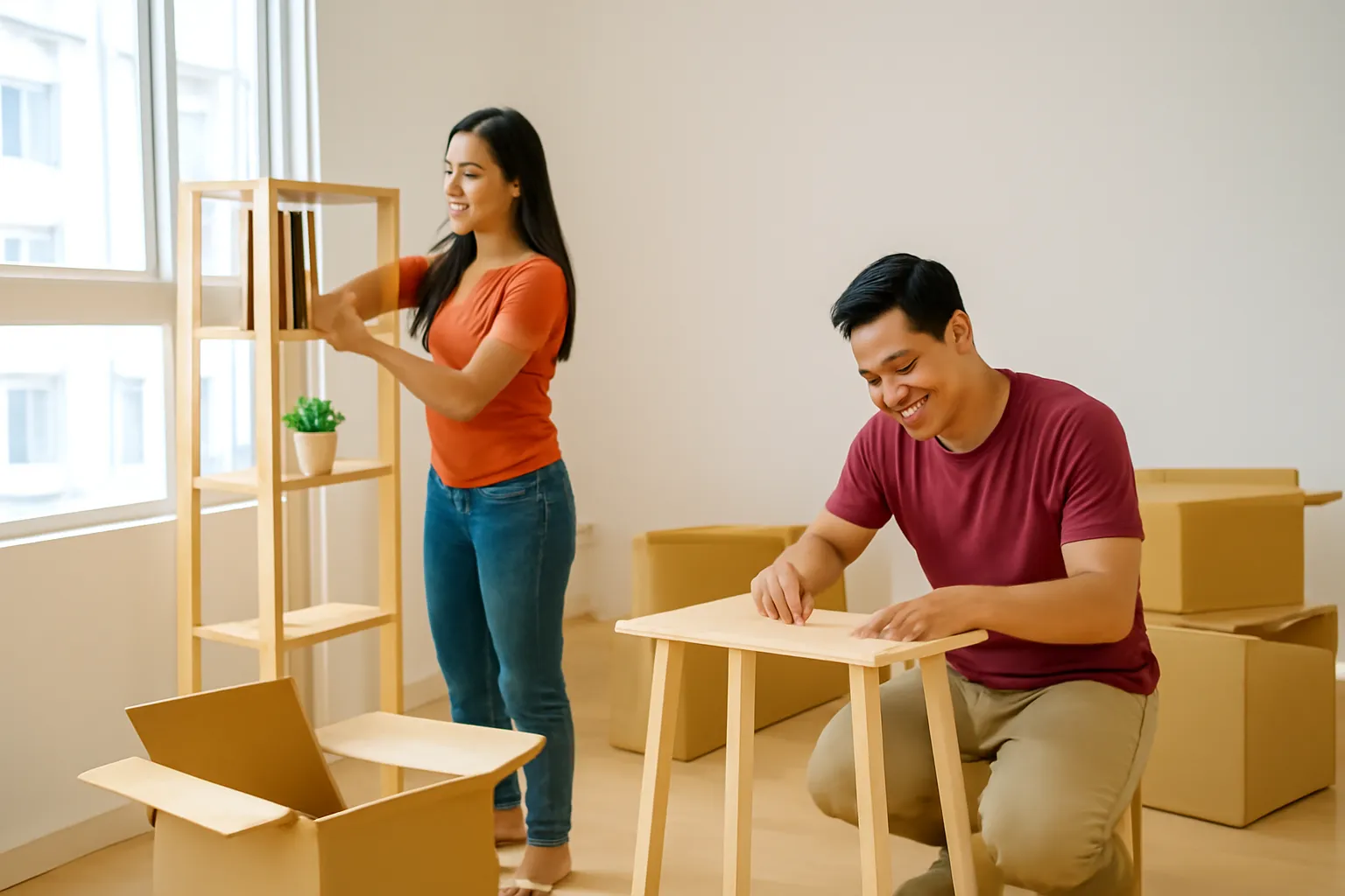 Cặp vợ chồng trẻ mở thùng đồ trong căn hộ mới đầy nắng