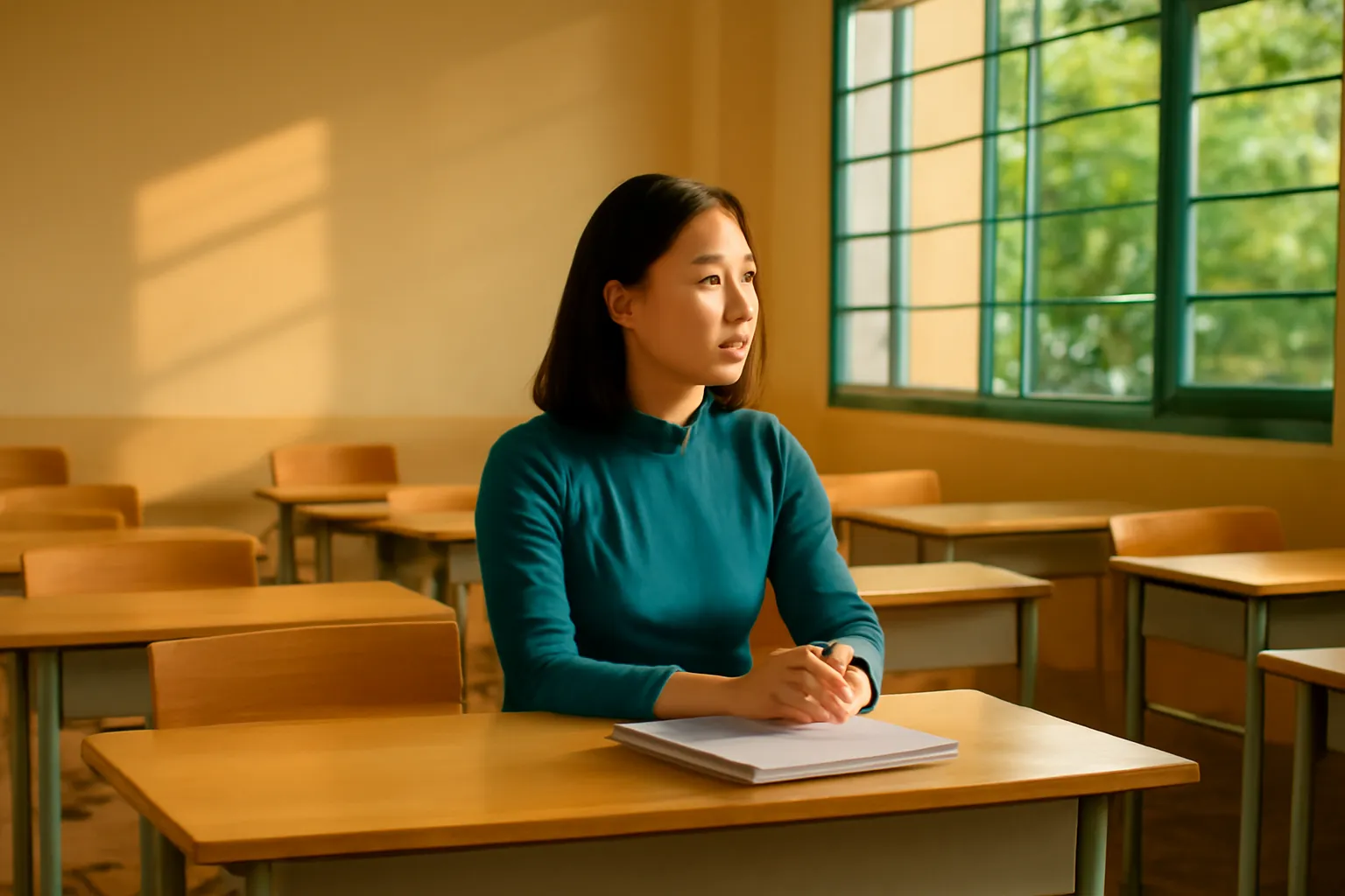 Cô giáo ngồi một mình trong lớp học vắng, trước chồng bài kiểm tra