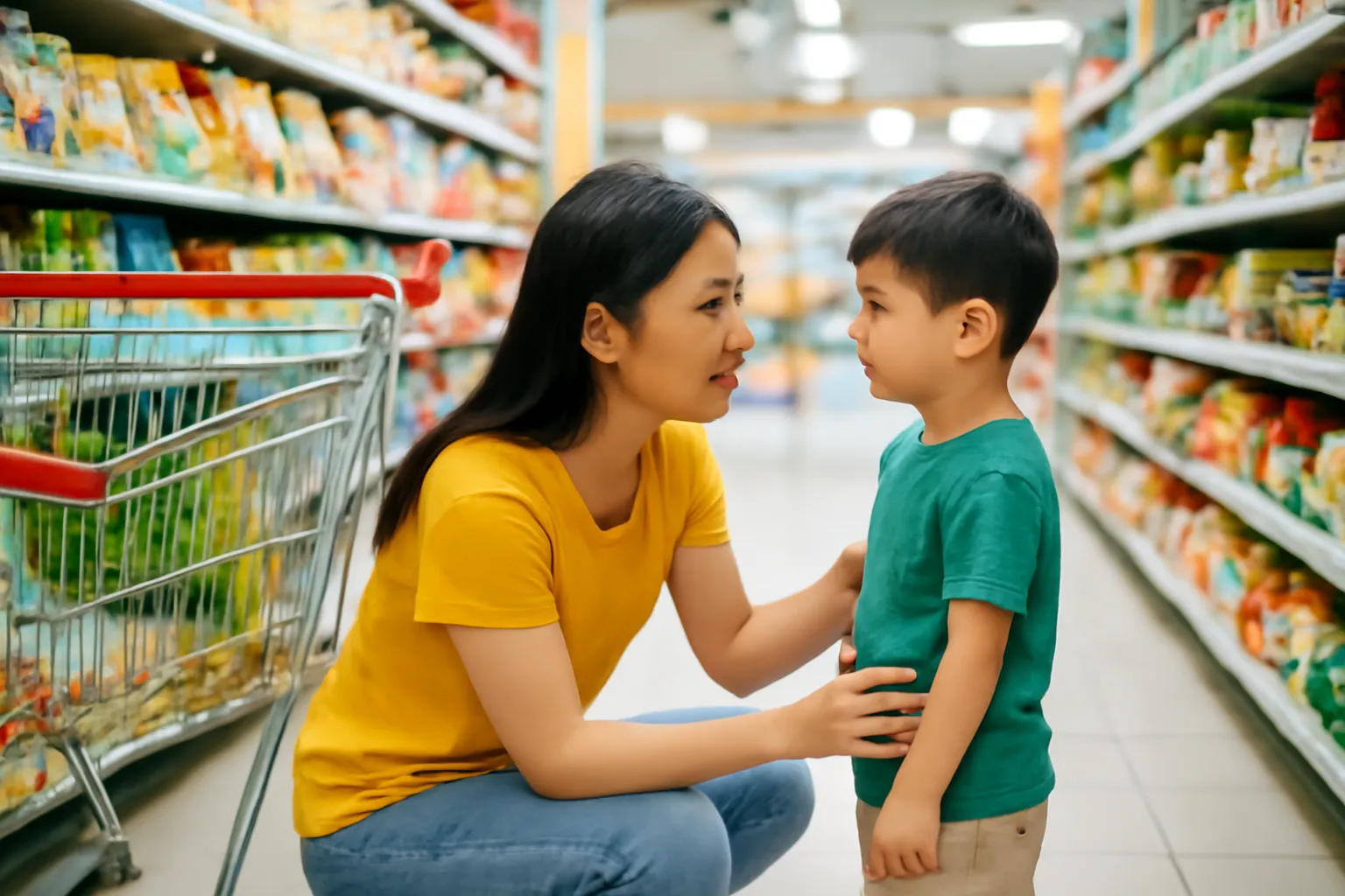 Người mẹ ngồi xổm ngang tầm mắt ôm đứa con nhỏ đang khóc ở góc lối đi siêu thị
