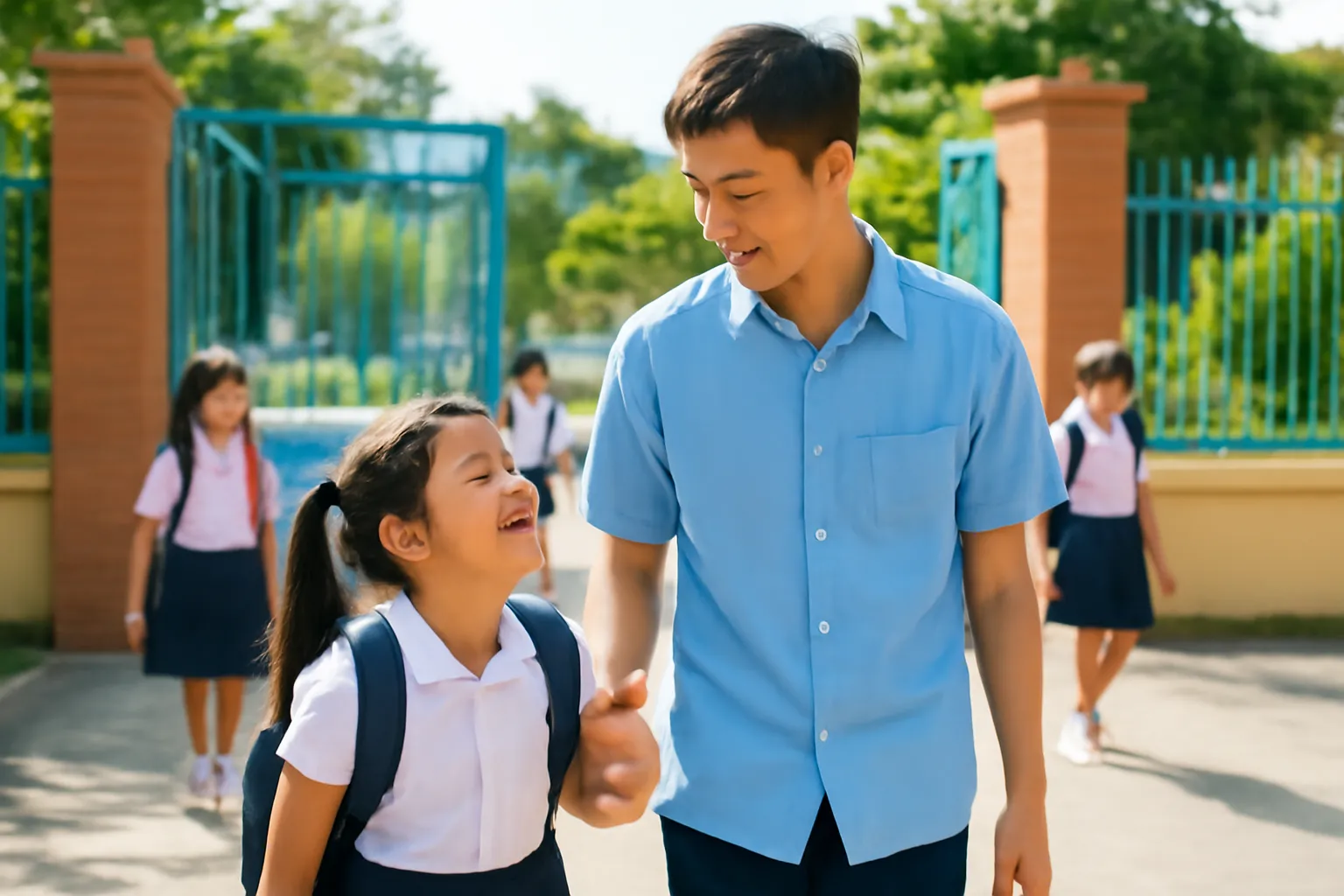 Chàng trai trẻ dắt em gái nhỏ tới cổng trường buổi sáng