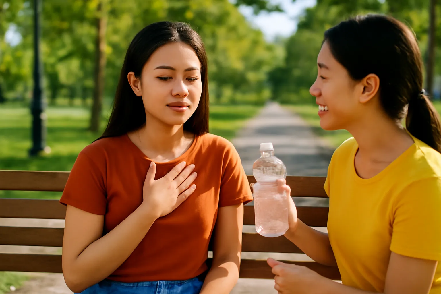 Cô gái nhắm mắt thở chậm trên ghế đá, bạn ngồi bên đưa nước